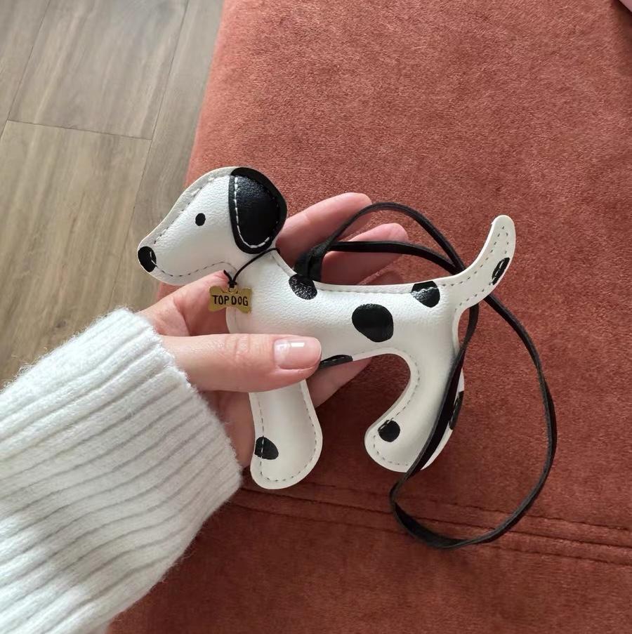 Handmade PU Leather Spotted Puppy Bag Charms, Cartoon Puppy Keychain Pendant, Cute Bag Ornament 13X12cm