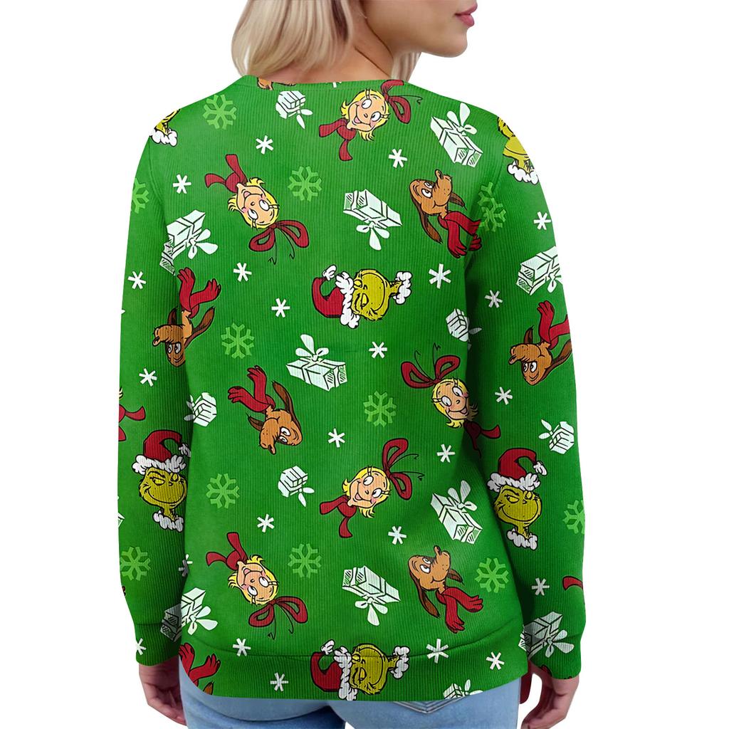 Women's Fashion Long Sleeve Christmas Snowman Snowflake Print Jacket Cardigan
