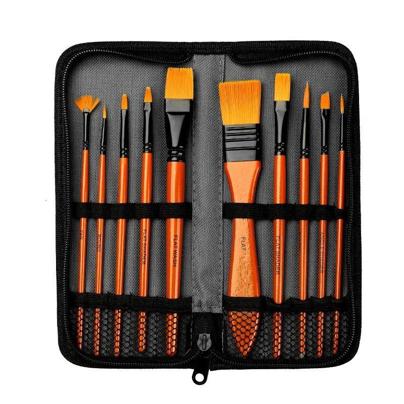 10 Pcs Orange Handle Nylon Bristle Watercolor Brush Set with Canvas Bag for Kids Adult DIY Handcraft Painting