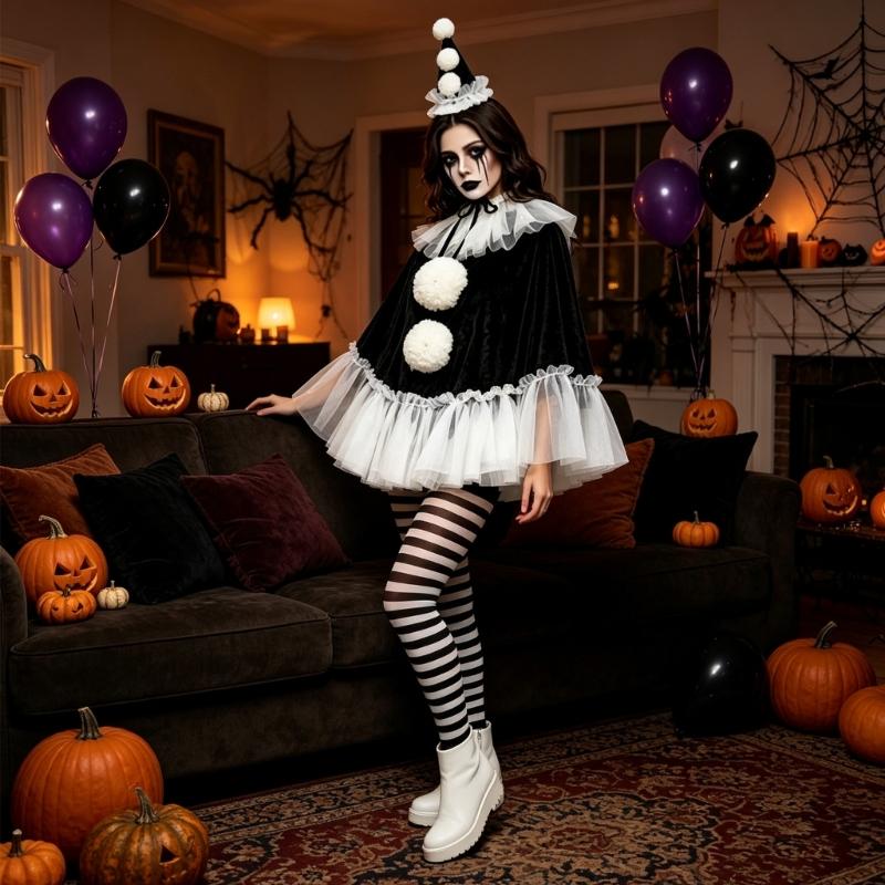 Adult Halloween Outfit Set, Black White Party Costume with Ruffle Collar and Pull On Styling for Dance Photos