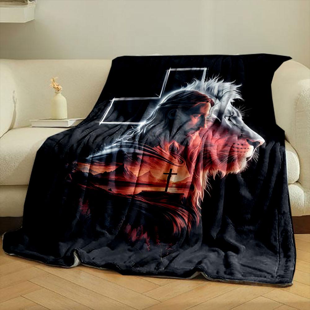 Jesus Lion Cross Printed Blanket Printed Blanket for Living Room Bed Couch lunch break Soft Cozy Blanket for Friend's festival Gift