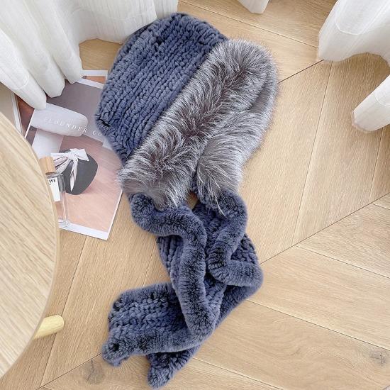 Thick real fox fur scarf cap Luxury women's cap hand knitted real rex rabbit fur hat scarf Girls winter warmth outdoor ski cap