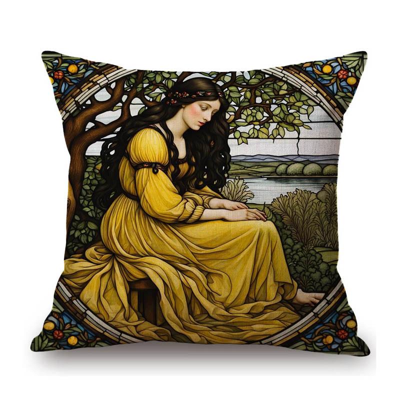 Renaissance Pre-Raphaelitism William Morris Round Stained Glass Window Elegant Lady Girl Decoration Pillow Case Cushion Cover