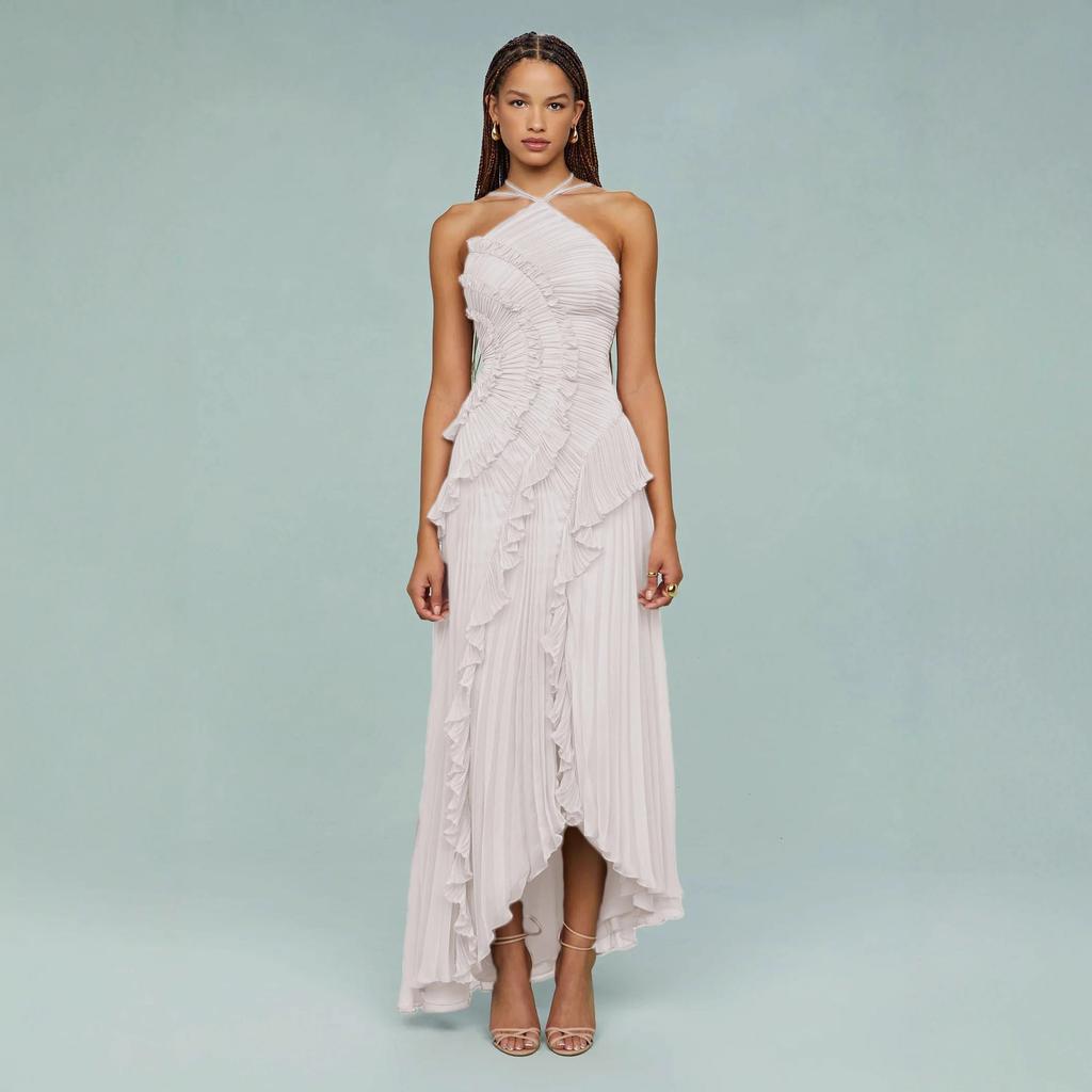Damen Neckholder-Maxikleid mit Faltenrüschen und asymmetrischem Saum