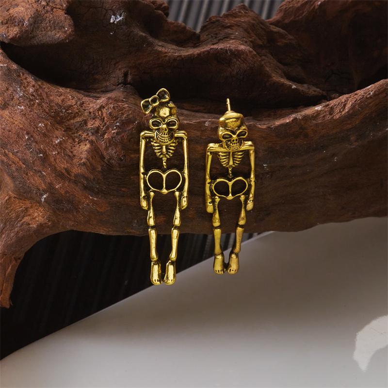 Vintage Silver Color Skeleton Dangle Earrings for Women Halloween Gothic Asymmetric Skull Drop Earring Girls Party Jewelry Gift