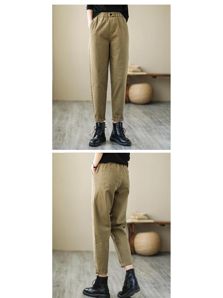 2024 Women's Spring & Autumn Retro Harem Pants, Elastic Waist, Loose Fit, Plus Size, Pure Cotton Carrot Pants
