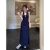 Blue Neck Sling Hip Dress for Children's Summer New Casual Backless Temperament Floral Dress