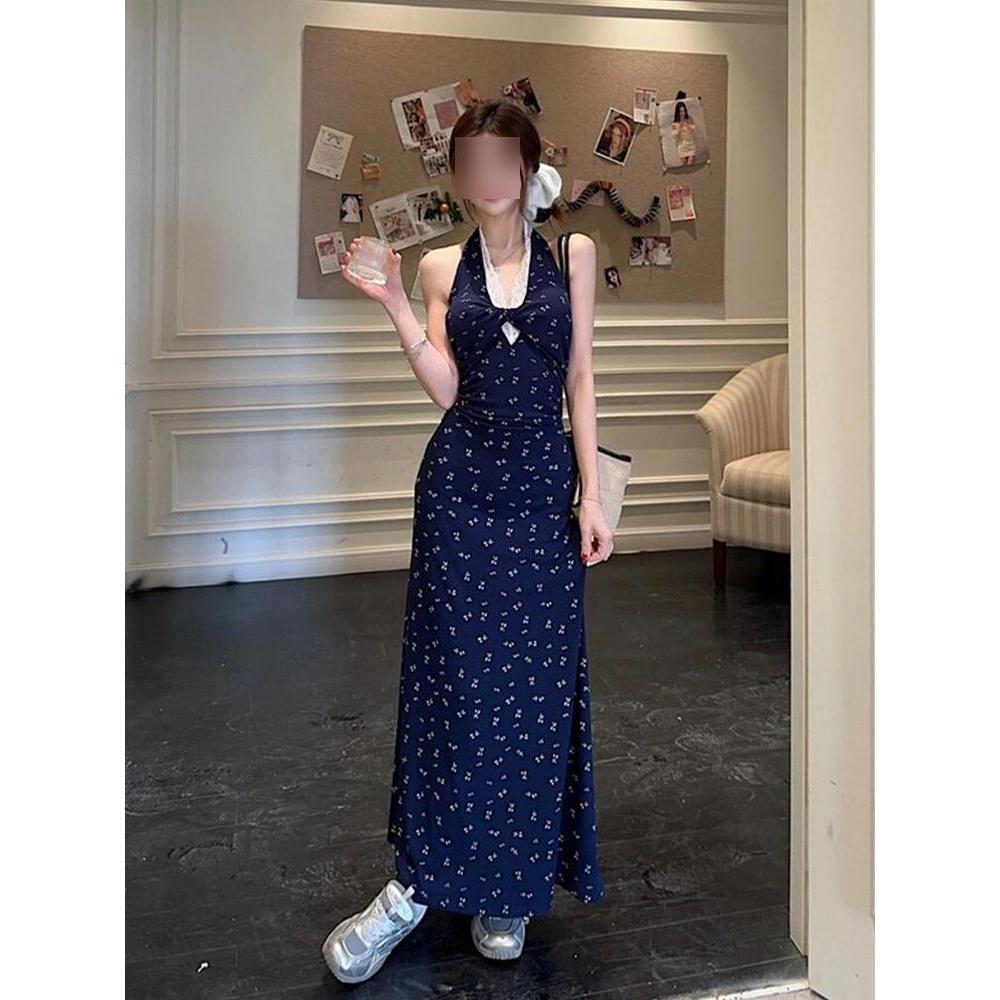 Blue Neck Sling Hip Dress for Children's Summer New Casual Backless Temperament Floral Dress