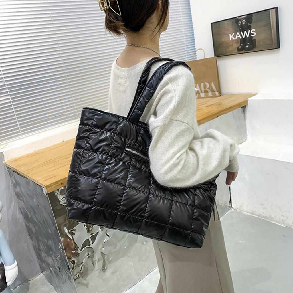 APOSITV Women's Quilted Nylon Down Tote Bag, Lightweight, Large Capacity (Black)