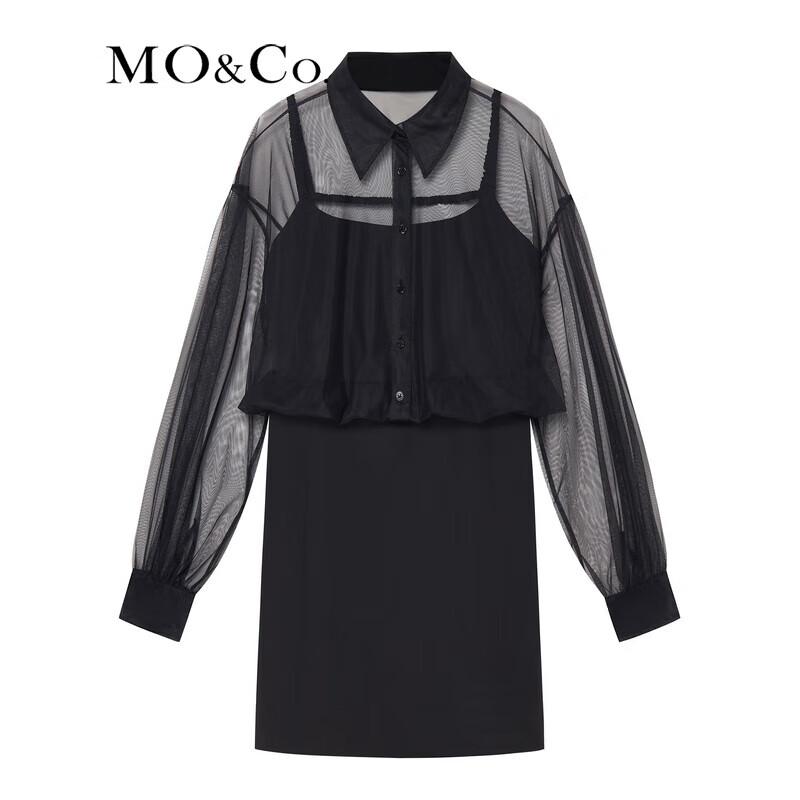 MO&Co. Women's Sheer Spliced Shirt Collar Black Dress