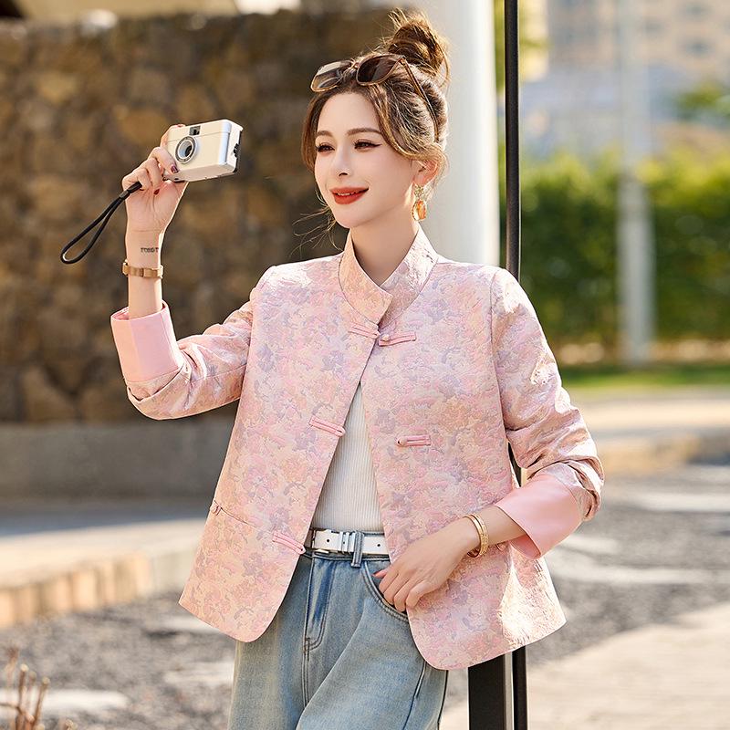 2025 Spring/Autumn Women's Chinese-Style Jacquard Coat with Frog Buttons, Stand Collar, Fashionable and Versatile (ZY8816)