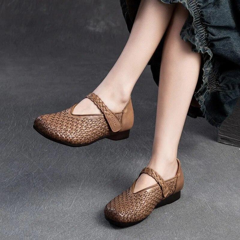 Johnature Bombas Retro Cuero Genuino Suela Suave Gancho y Lazo Cómodos Zapatos de Mujer Versátiles