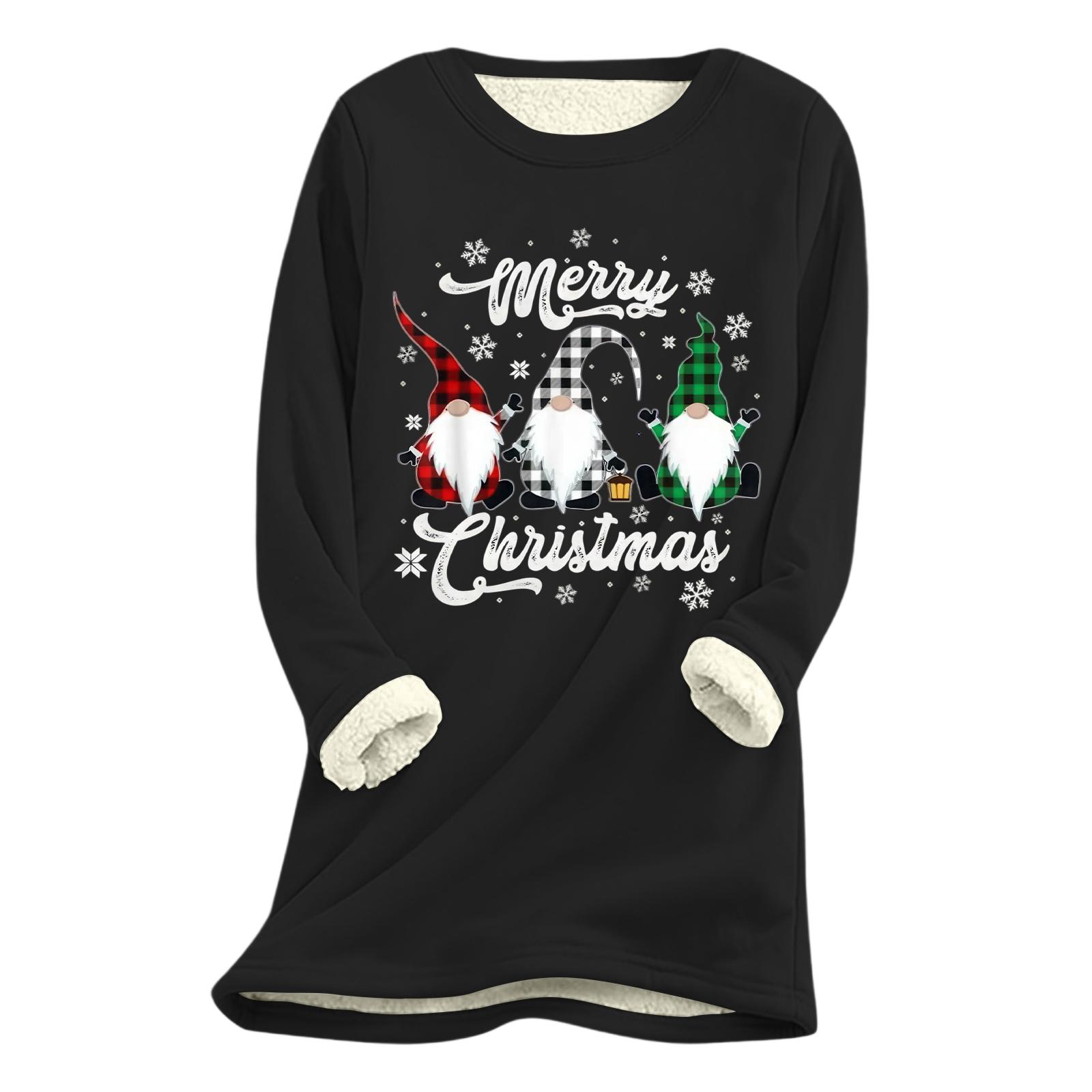 

Women s Christmas Print Thick Plush Lambswool Warm Long Top L чёрный