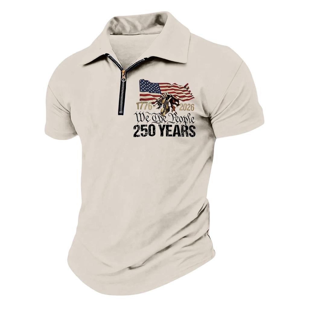 Men's Casual Loose Fit Polo Shirt Short Sleeve Top with Flag and Letter Print Zipper Collar Comfortable Summer Wear