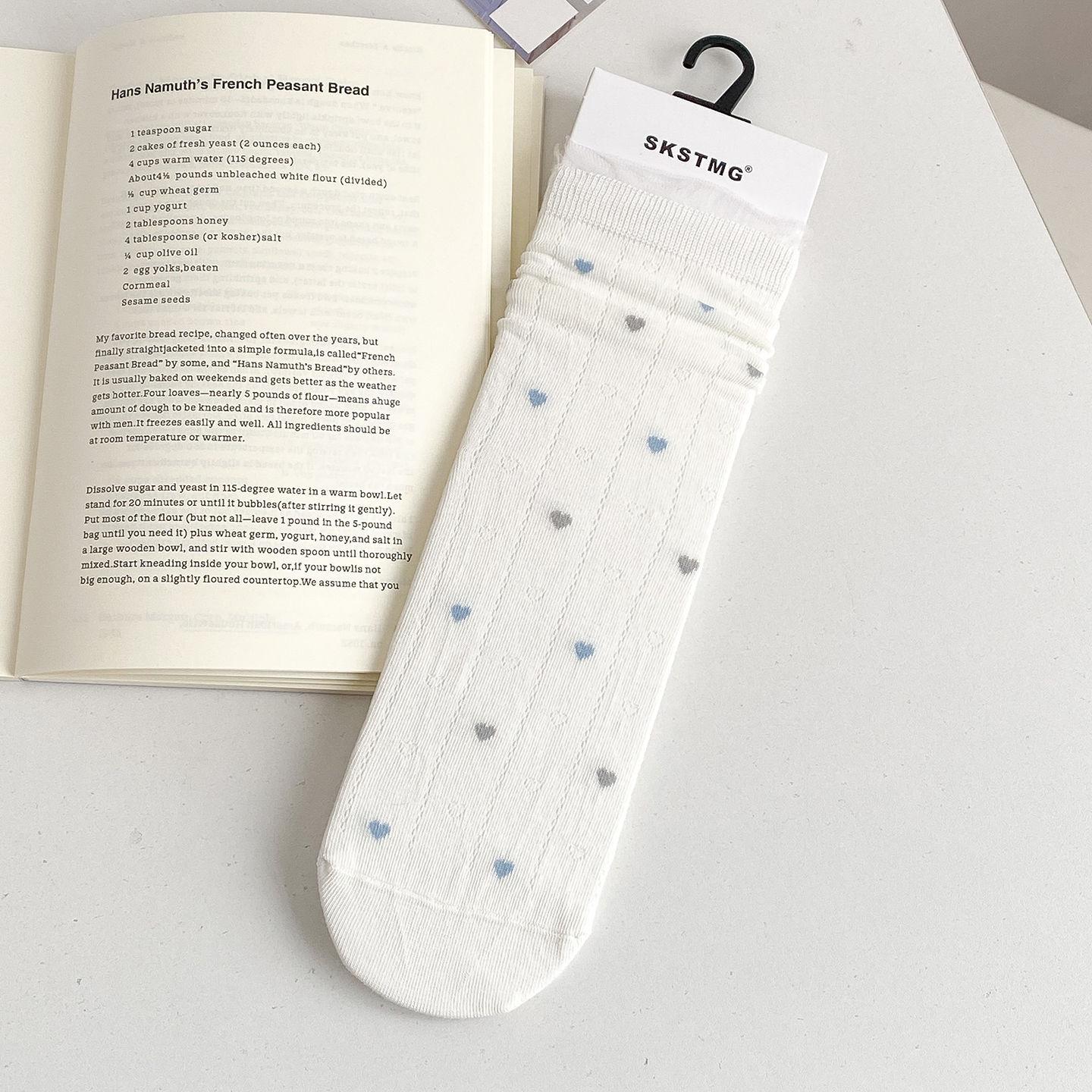 

Women s Mid-Calf Cotton Socks - Thin, Breathable, Versatile in White, Gray, Blue with Heart and Polka Dot Patterns for Spring/Summer. One Size (35-40)