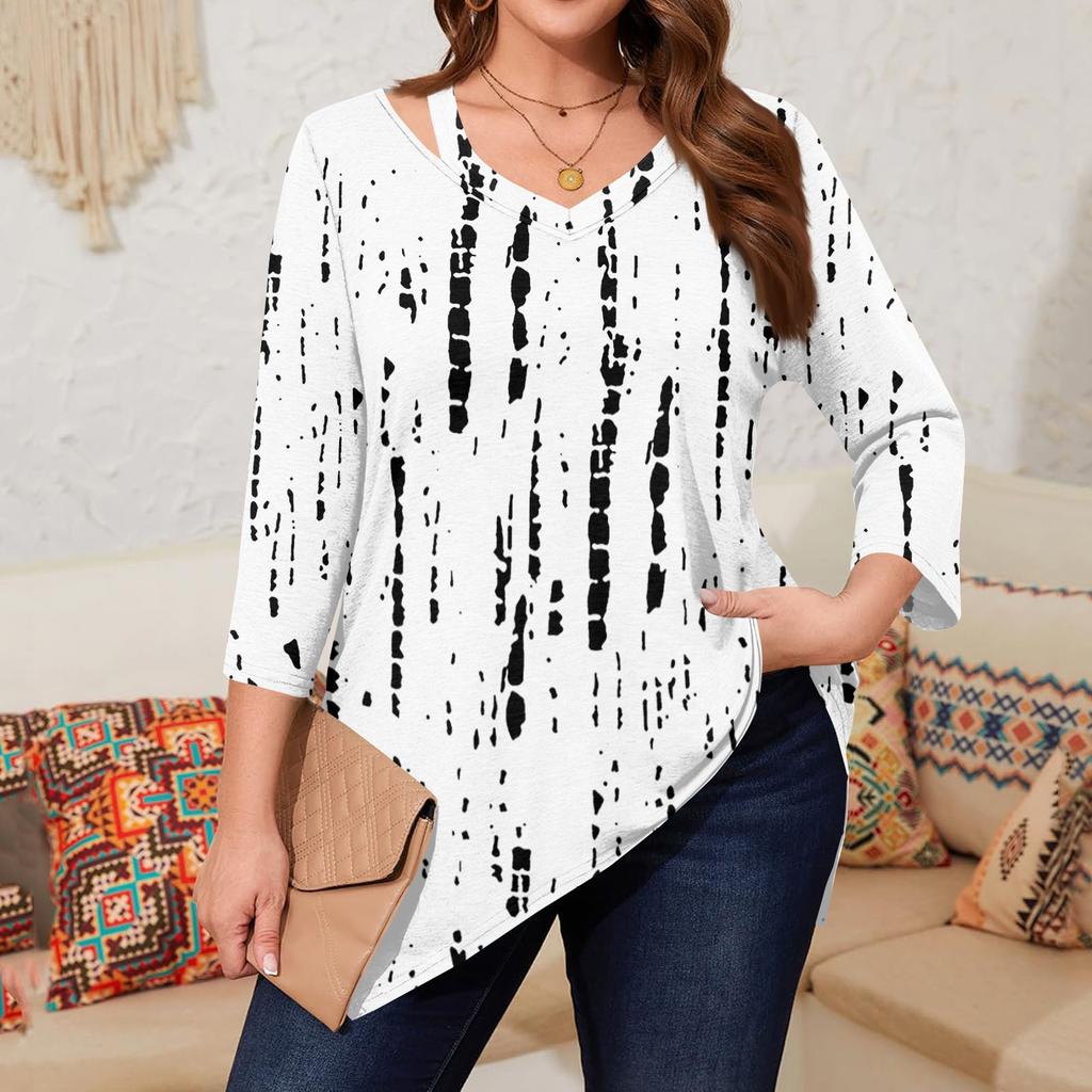 Women's Print Plus Size Tops Hollow V Neck 3/4 Sleeve Shirt Elegant Casual Tops
