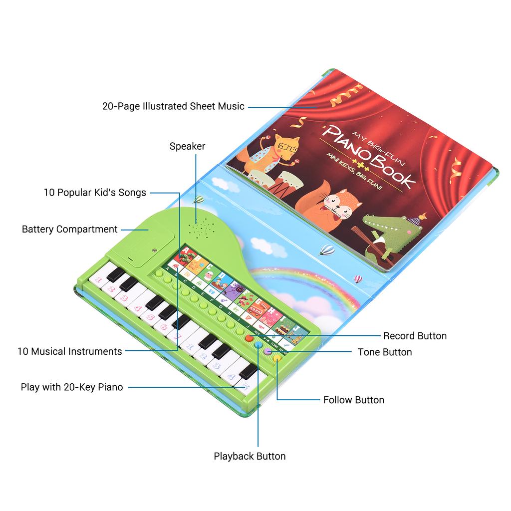 Bigfun 20 key Piano Book Electronic Piano Keyboard & Music Book 2 in 1 Piano Songbook with Built in Keyboard with 10