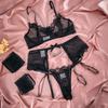 Lace Eyelash Mesh Lingerie Set Four Pieces Bra Garter Belt Thong Chain Detail Adjustable Straps Intimate Apparel