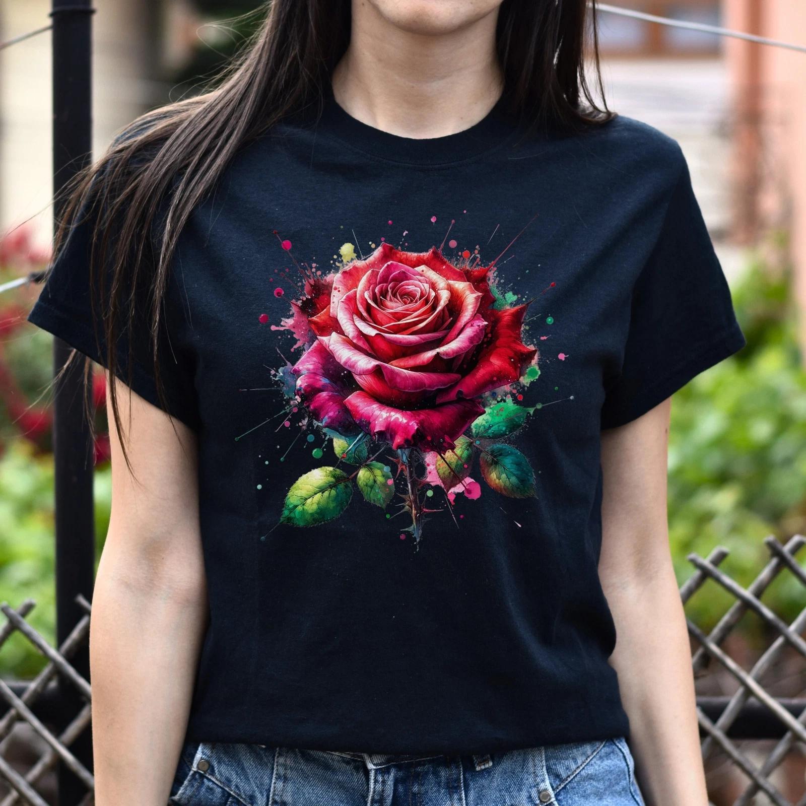Artistic Rose flower Color Splash Unisex T-shirt Black Navy Dark Heather S
