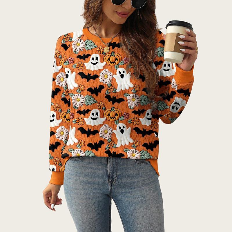 Ladies Spring Autumn Ghost Pumpkin Halloween O Neck Long Sleeve Pullover Hoodies Sweatshirt Top