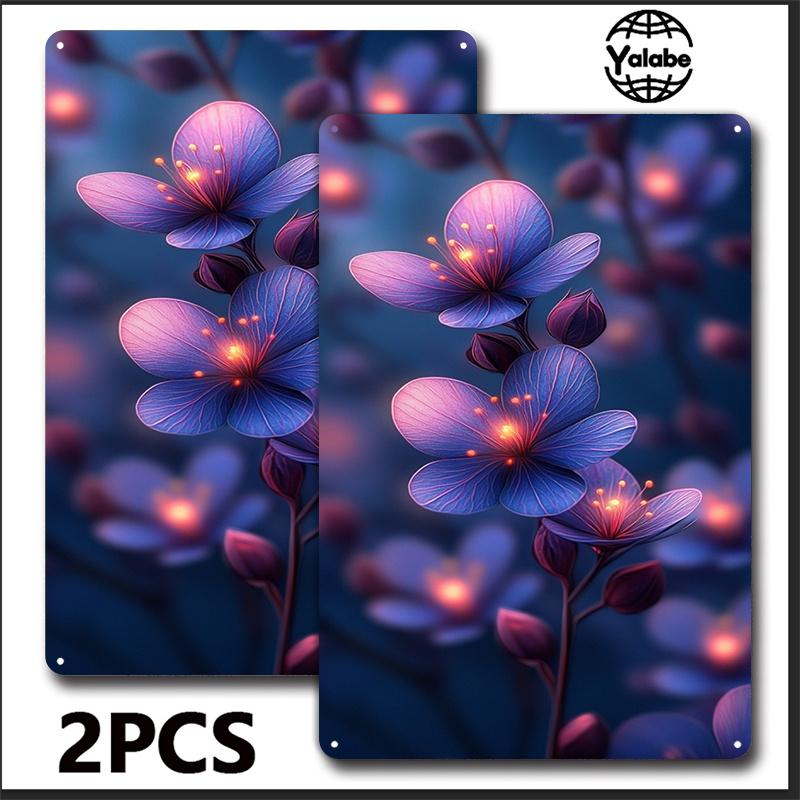 2 Purple Flower Retro Tin Paintings - Beautiful Flower Theme Metal Wall Decoration Paintings, suitable for the decoration of hom