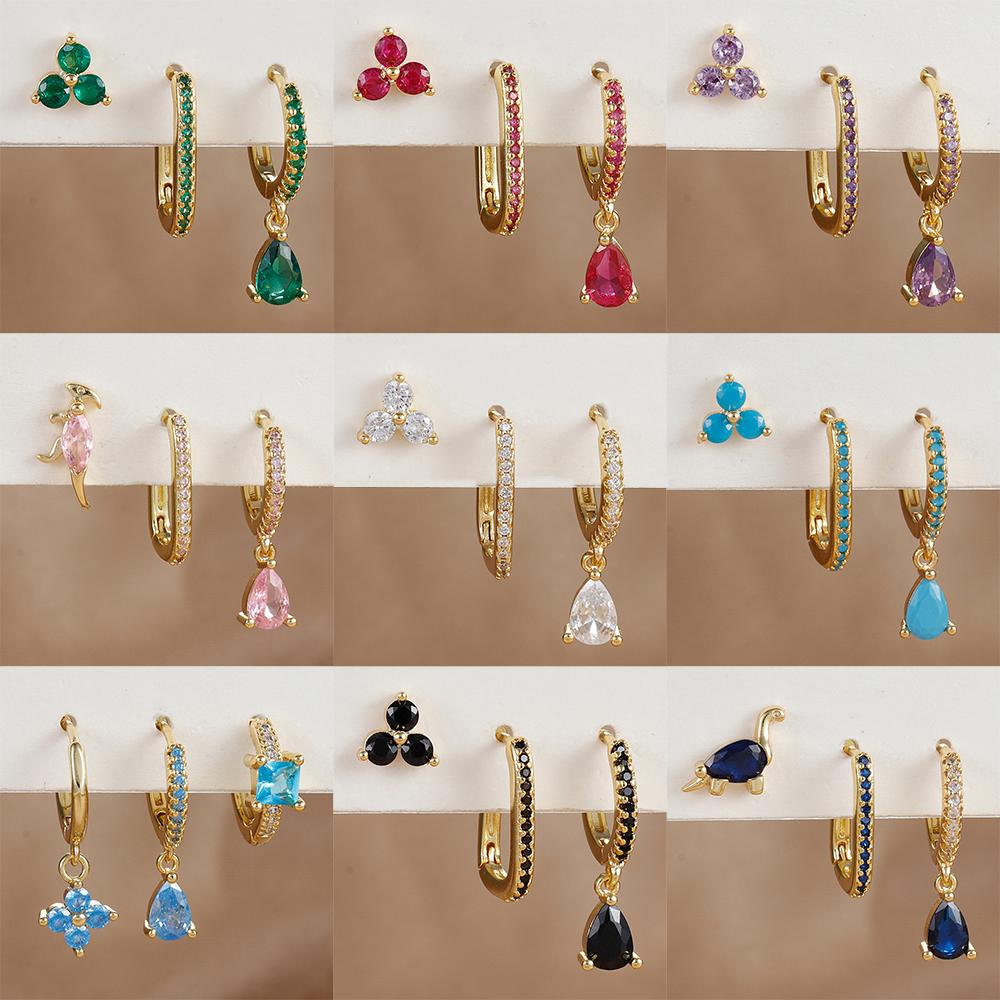 3PCS/Set Fashion Waterdrop Shape Zircon Hoop Earrings For Women Delicate Triangle Shaped Flower Stud Earrings Piercing Jewelry