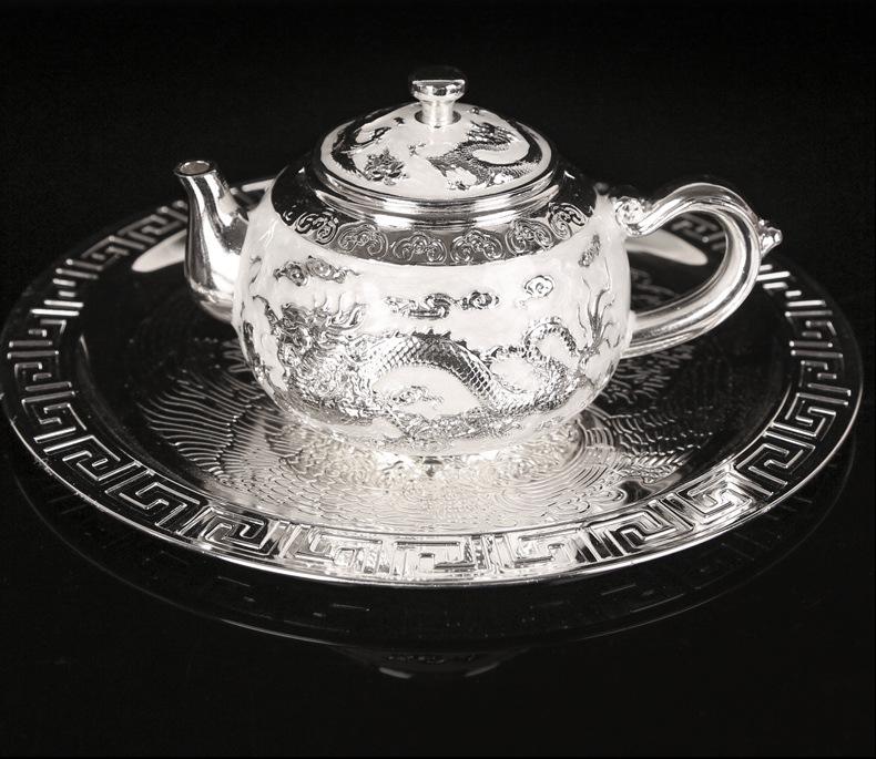 Dragon & Phoenix Sterling Silver Tea & Wine Set: 1 Plate, 1 Pot, 4 Cups in Chinese Gift Box