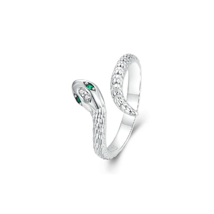 WOSTU Real 925 Sterling Silver Vintage Snake Open Ring For Women Green Zircon Animal Stackable Party Rings Birthday Jewelry Gift