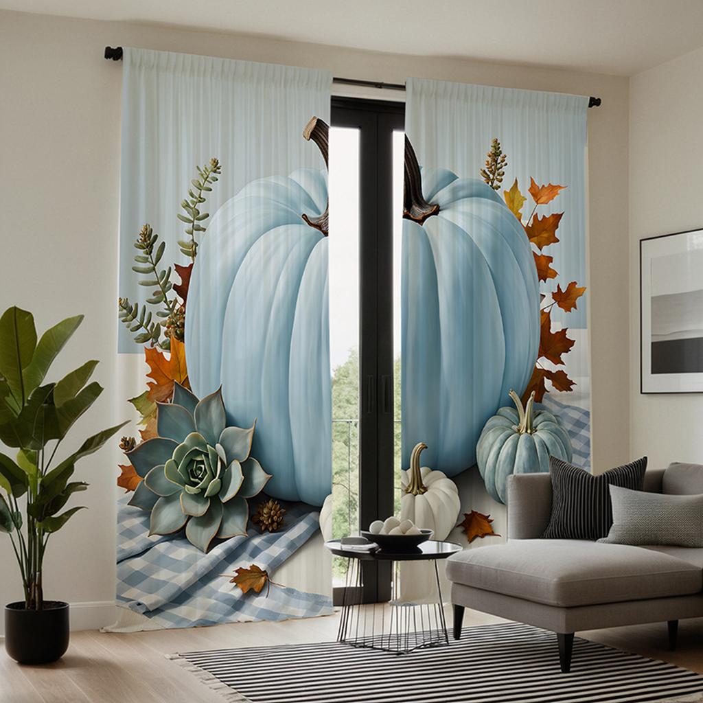 2szt HD niebieska dynia Jesienna dekoracyjna zasłona Niebieski krawat cyfrowo drukowana zasłona Styl dekoracji domu Udekoruj salon
