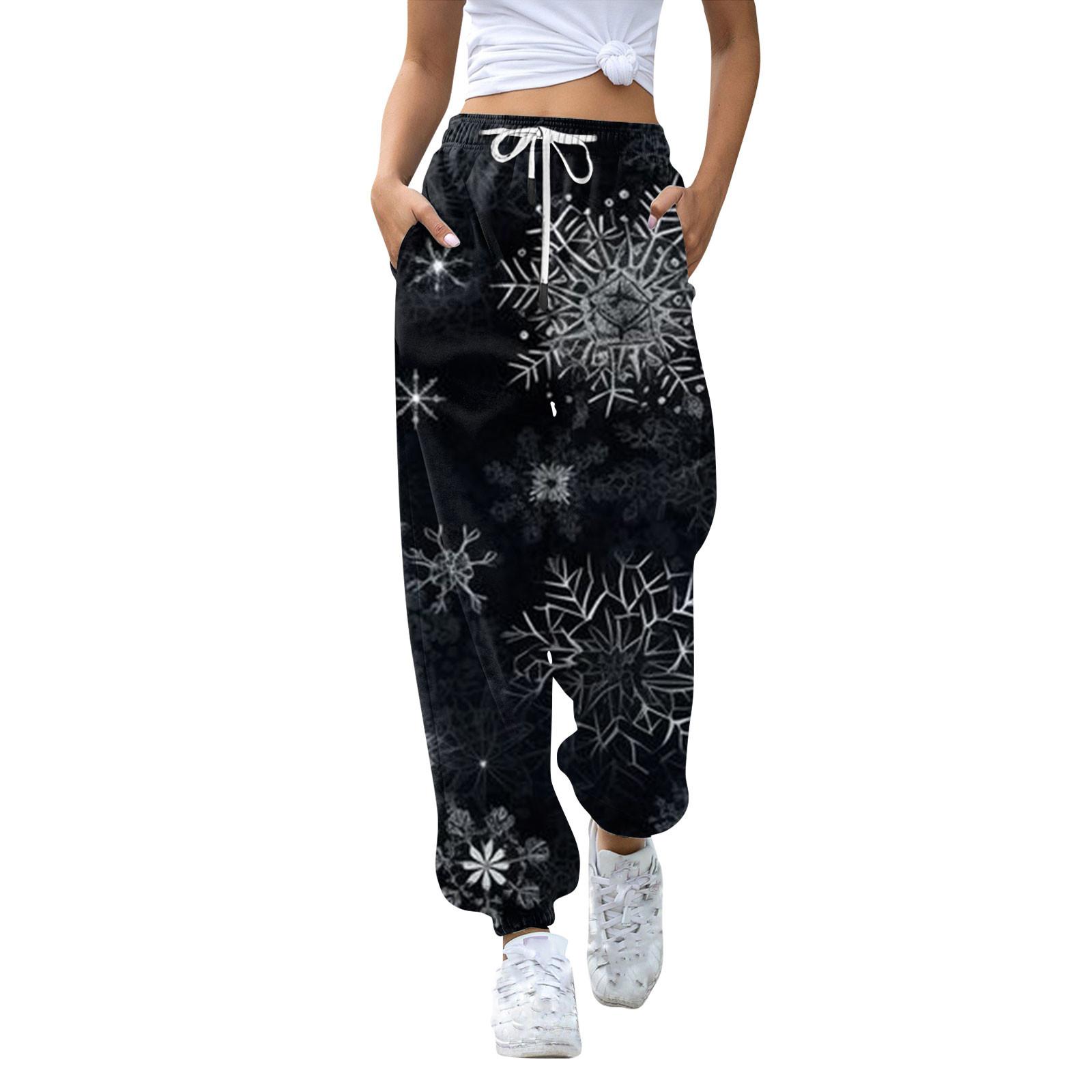 

Женские повседневные модные рождественские принтованные повседневные спортивные брюки с эластичной талией и завязками на шнурке XXL чёрный