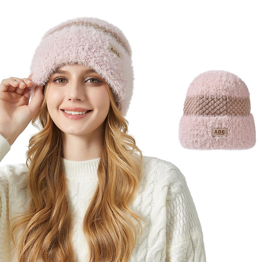 

Вязаная шапка Шерстяная шерстяная шапка Толстая уличная теплая вязаная шапка розовый