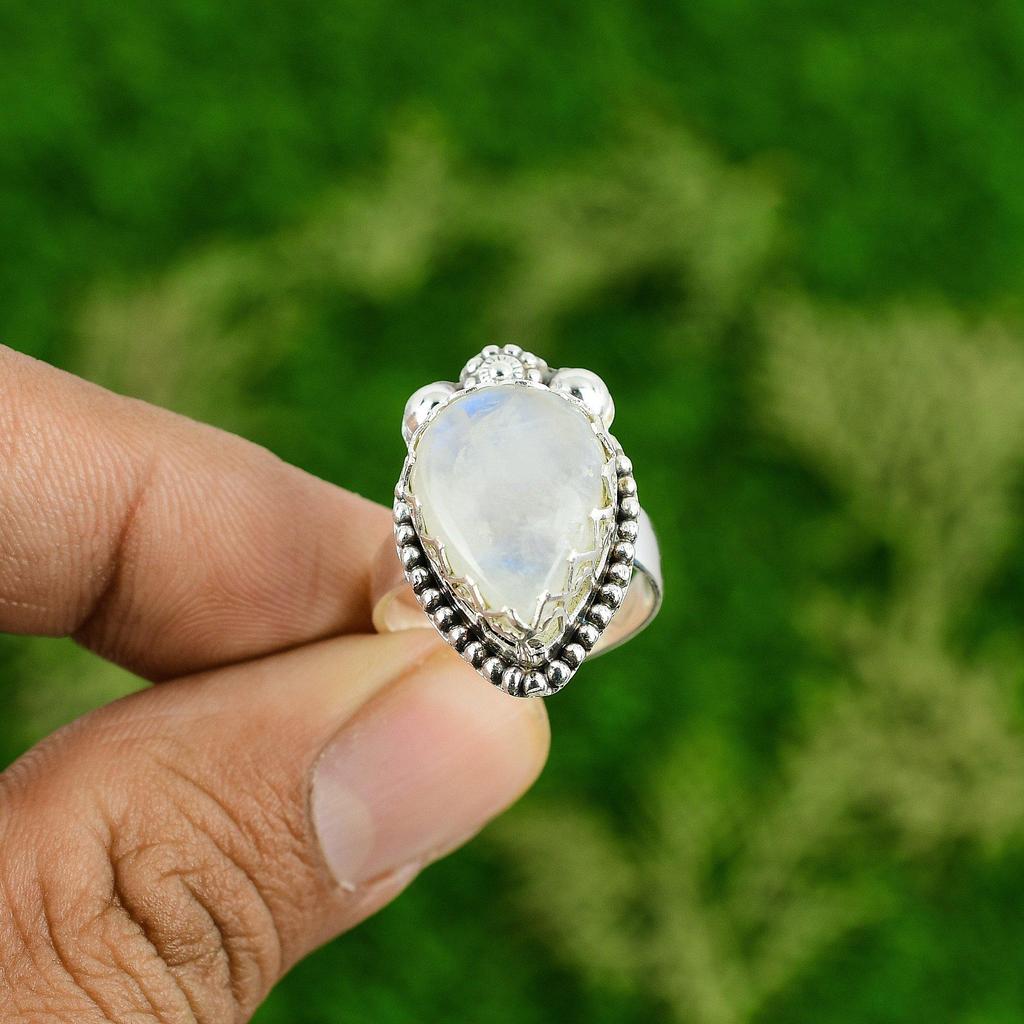 Natural Rainbow Moonstone Boho Stackable Bezel Promise Ring 925 Sterling Silver