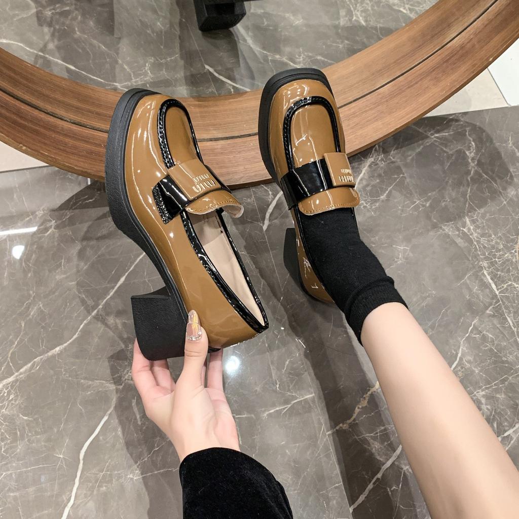 Versatile women's shoes high heels loafer small leather shoes 2025 new thick heel autumn British style versatile high-value single shoes