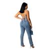 European American Casual Slim Backless Bandage Denim Jumpsuit