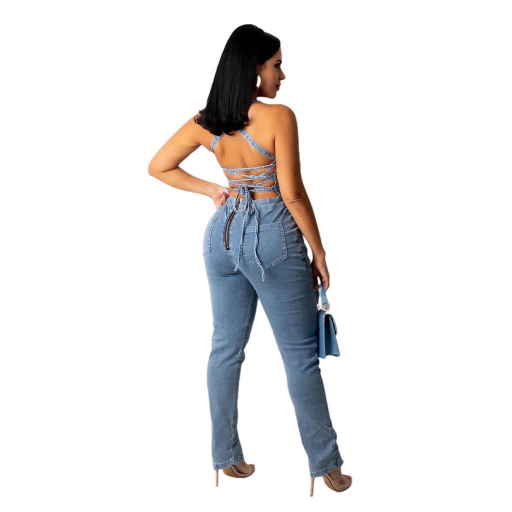 European American Casual Slim Backless Bandage Denim Jumpsuit