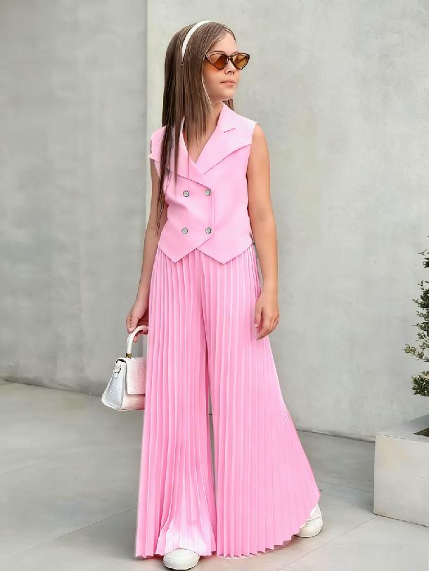 Girls' Fashionable Suit Set: Summer Sleeveless Top + Wide-Leg Pants Set