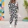 Women Plus Size Abstract Printed Round Neck Long Sleeve Cuffed Top And Pants Two Piece Set With Pockets