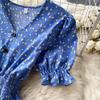 French-Style Retro Floral Dress with Puff Sleeves and Button-Up Slim Fit