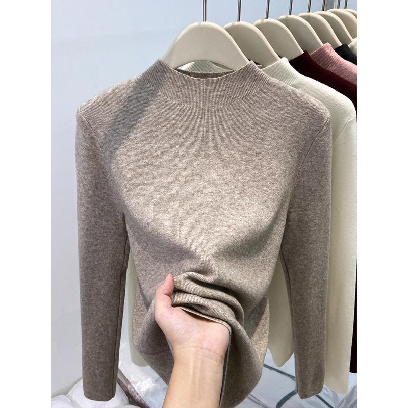 Korean version of temperament slim-fitting semi-turtleneck front shoulder long-sleeved knitted sweater for women's autumn and winter sexy pure desire