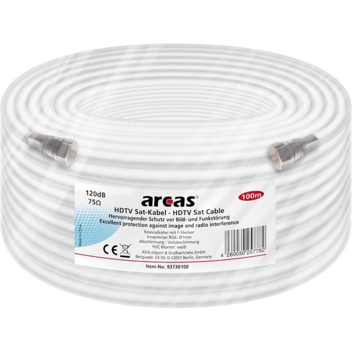 Câble Satellite - ARCAS - HDTV - 100 Mètres - Protection Contre Interférences - Gaine Plastique Blanche
