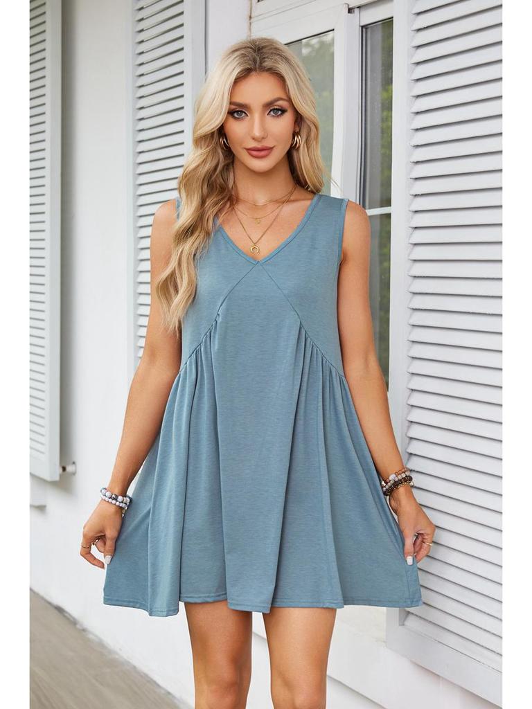 2025 European & American Women's V-Neck Sleeveless Pleated Pocket Dress - Spring/Summer Trend