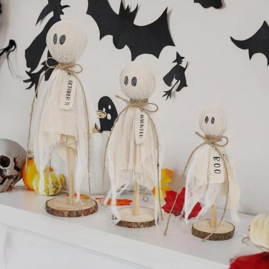 3Pcs Ghost Ornaments Wooden Halloween Decorations Adorable Shape Fabric Ghost Figures Table Decor Party Supplies