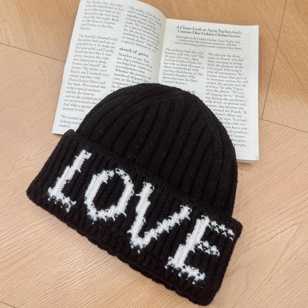 Stretchy Letter Embroidered Knitted Beanie Hat Thick Earflap Beanie  Girls