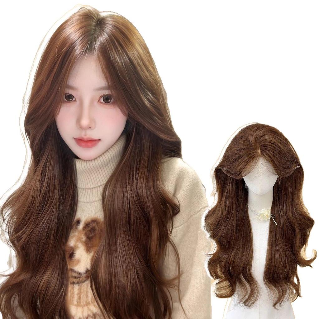 Amber Light Brown Long Curly Wig with Middle Part and Bangs