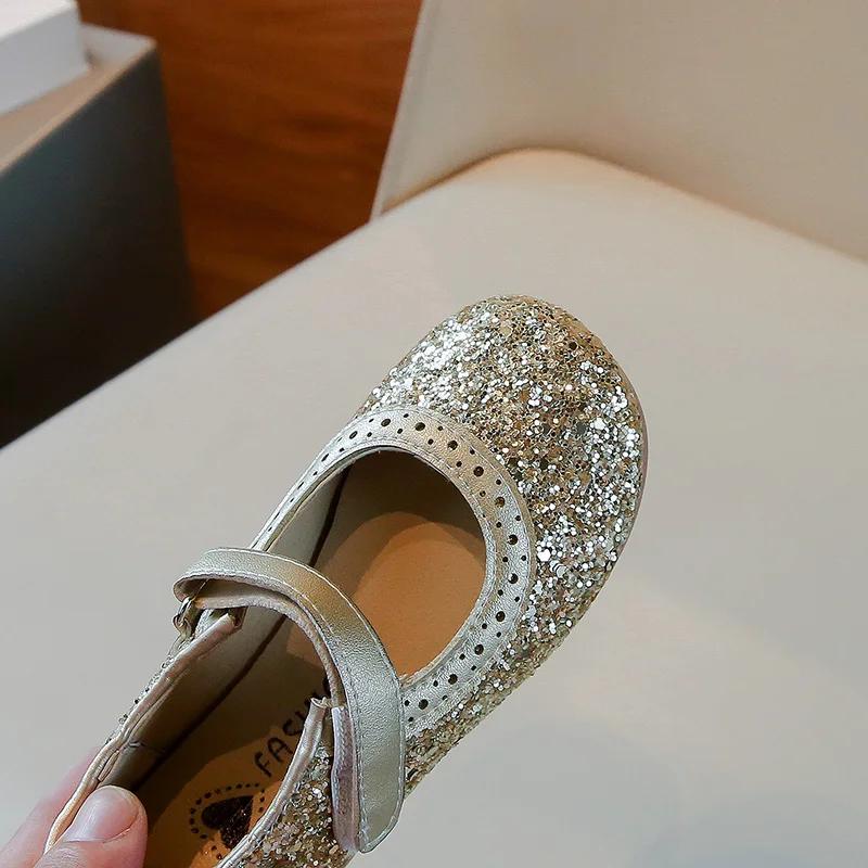 Girls Leather Shoes Children Flats Princess Spring Summer New Kids Dress Shoes for Wedding Party Bling Glitter H09054