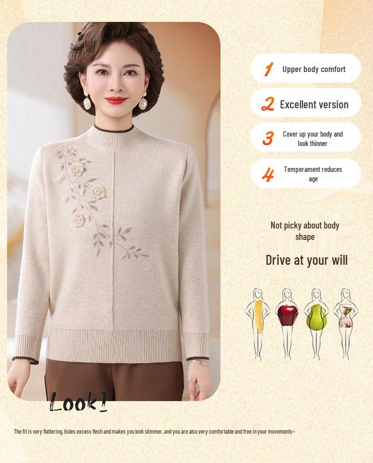 Winter Velvet Sweater: Versatile Long Sleeve Knitwear for Middle-Aged & Elderly Women