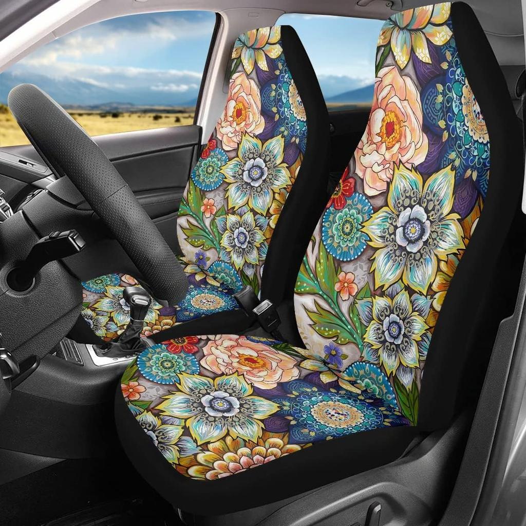 Bright Blossoms Colorful Boho Floral Print Car Seat Covers For Women,Universal Auto Front Seats Protector Fits For Car,SUV Sedan,Truck