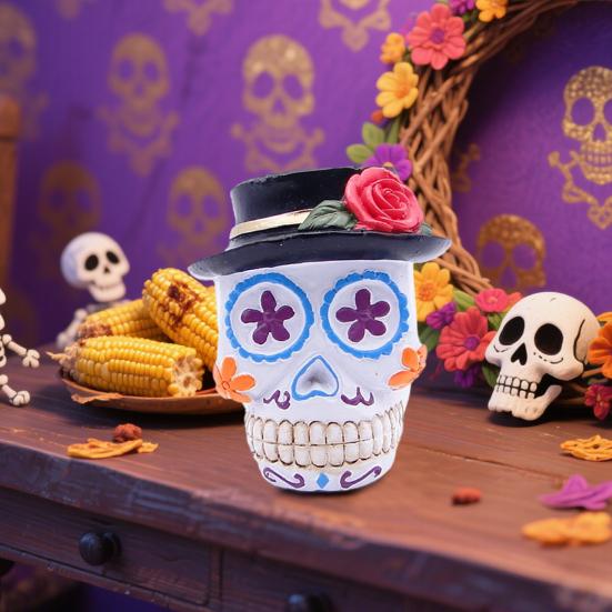 Day of The Dead Floral Skull Statue Colorful Flower Patterned Human Head Bone Model Resin Sugar Skull Figurine for Halloween Home Tabletop Decor