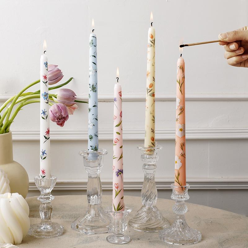 2PCS Long Candles Floral Printed Colored Taper Candle Lot Wedding Candles for Stylish Home Décor
