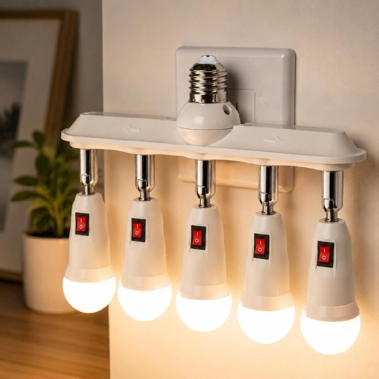 Werkstatt-Lampenfassungsteiler mit fünf Lampenfassungen, E26 E27 Schraubsockeladapter für Garagenbeleuchtung und Mehrpunkt-Innenbeleuchtung